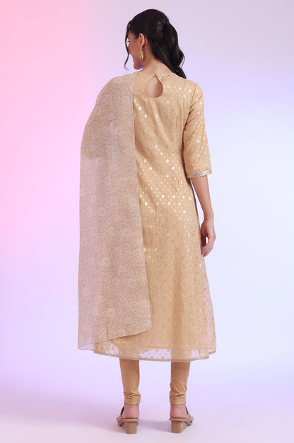 Beige Yarn Dyed Flarred Kurta with Leggings &amp; Stole Set