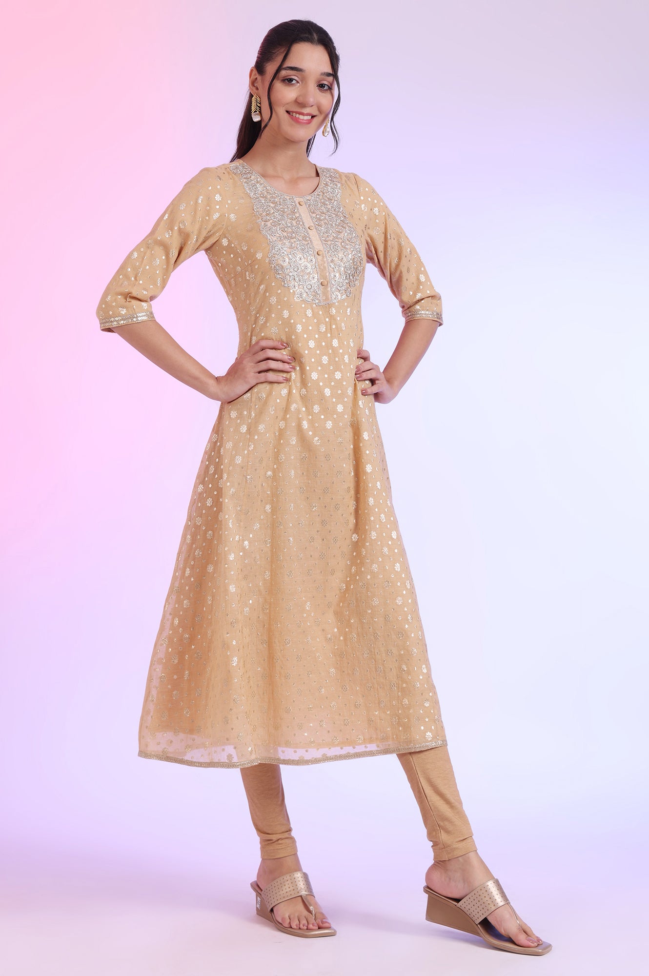 Beige Yarn Dyed Flarred Kurta with Leggings &amp; Stole Set