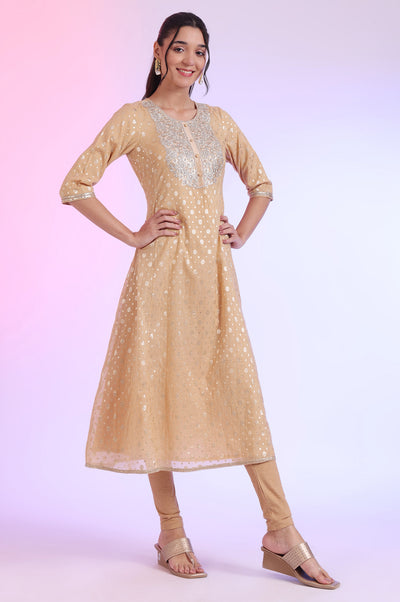 Beige Yarn Dyed Flarred Kurta with Leggings & Stole Set