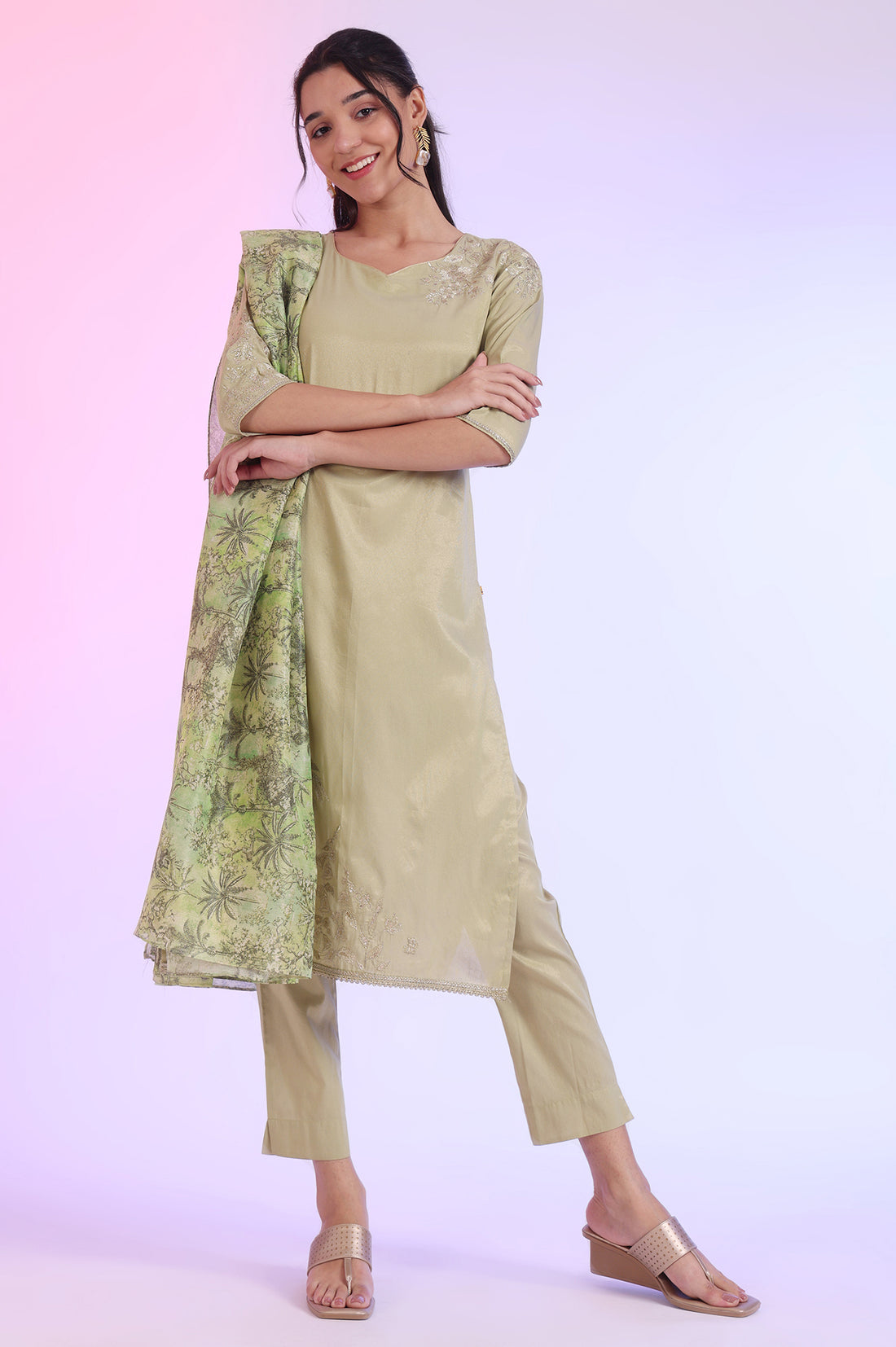 Green Embroidered Blend Straight Kurta with Trousers &amp; Dupatta Set