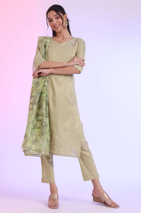 Green Embroidered Blend Straight Kurta with Trousers & Dupatta Set