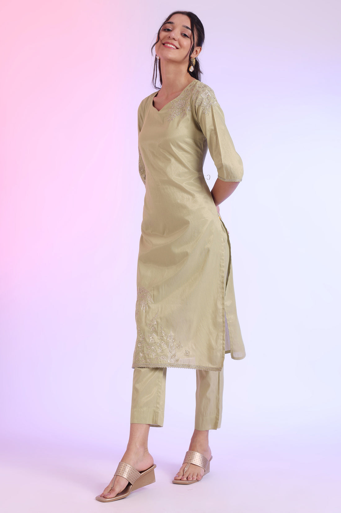 Green Embroidered Blend Straight Kurta with Trousers &amp; Dupatta Set