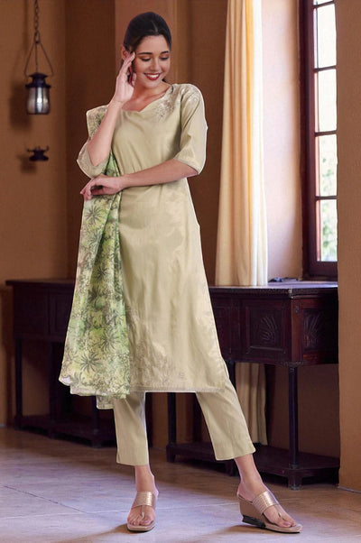 Green Embroidered Blend Straight Kurta with Trousers & Dupatta Set