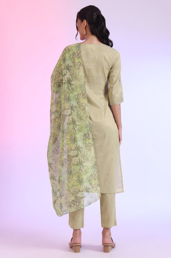Green Embroidered Blend Straight Kurta with Trousers & Dupatta Set
