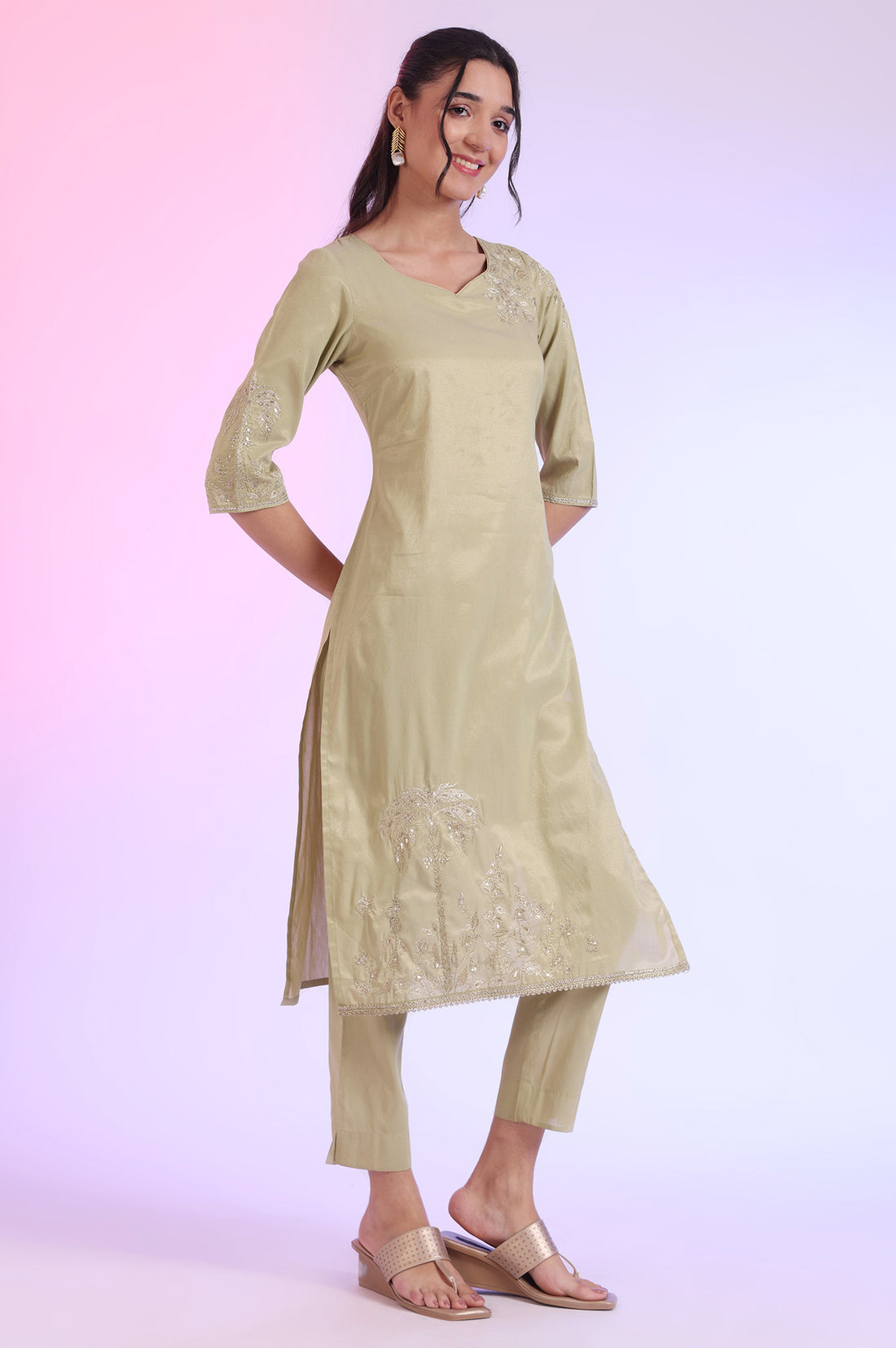 Green Embroidered Blend Straight Kurta with Trousers &amp; Dupatta Set