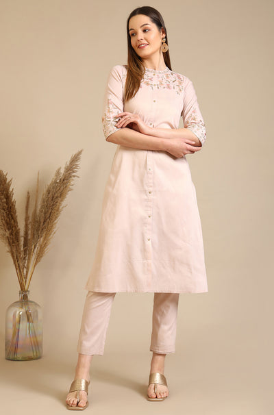 Solid Zari Viscose Blend Straight Kurta & Trousers Set