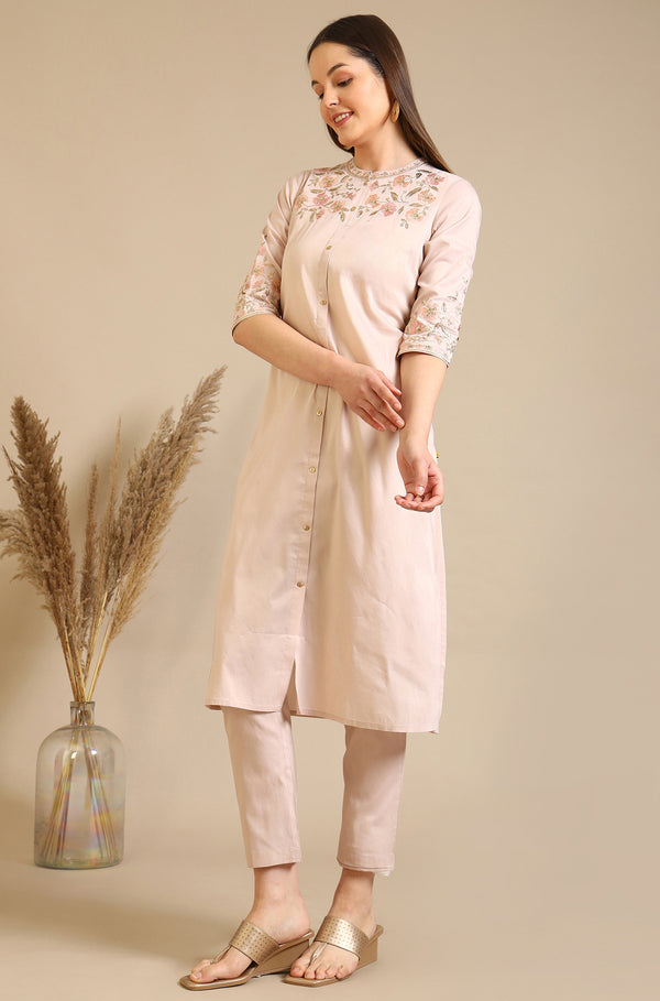 Solid Zari Viscose Blend Straight Kurta & Trousers Set