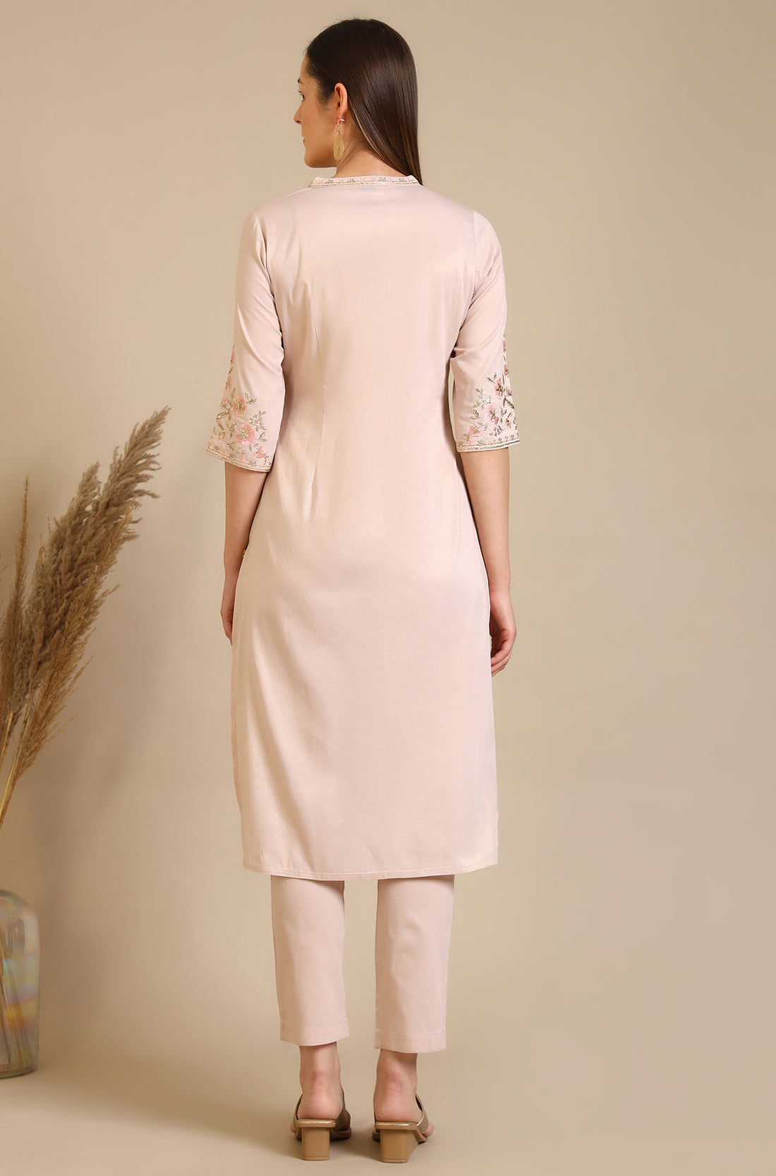 Solid Zari Viscose Blend Straight Kurta &amp; Trousers Set