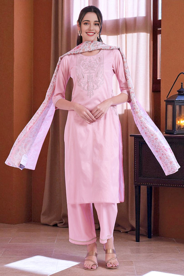 Pink Embroidered Blend Straight Kurta with Palazzos & Stole Set