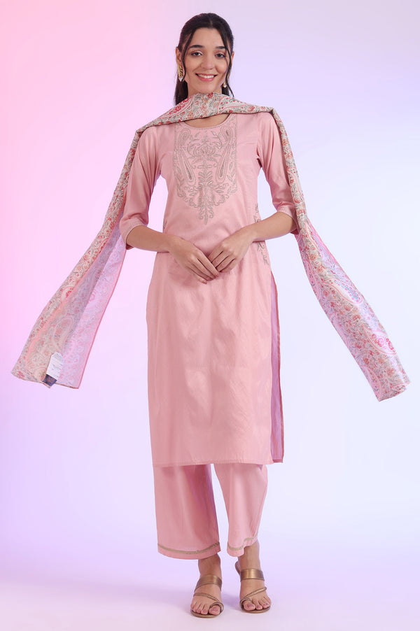 Pink Embroidered Blend Straight Kurta with Palazzos & Stole Set