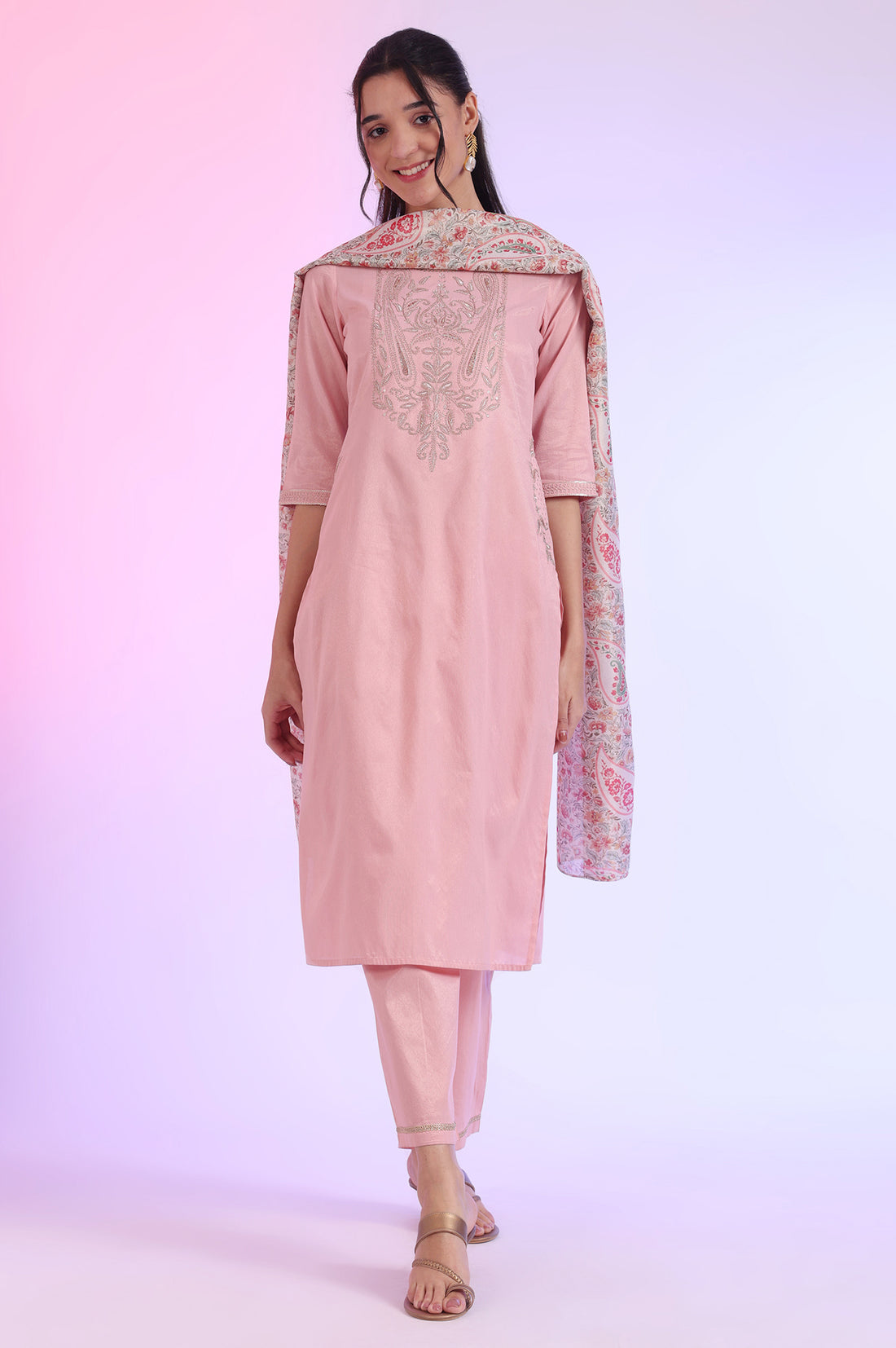 Pink Embroidered Blend Straight Kurta with Palazzos &amp; Stole Set