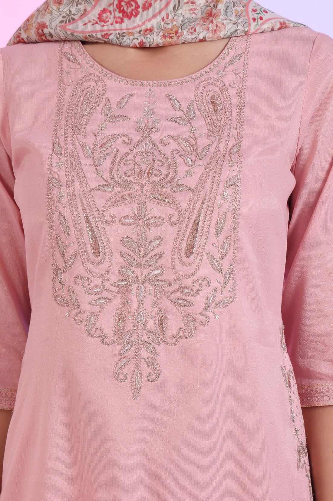 Pink Embroidered Blend Straight Kurta with Palazzos &amp; Stole Set