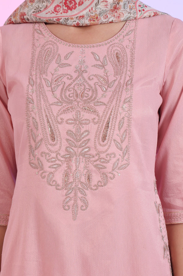 Pink Embroidered Blend Straight Kurta with Palazzos & Stole Set