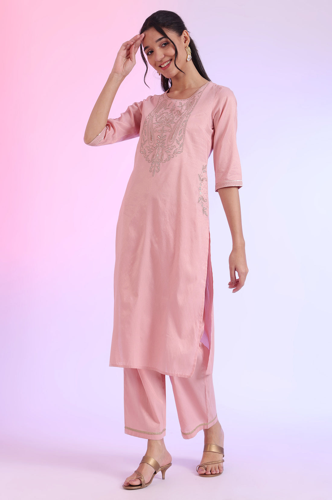 Pink Embroidered Blend Straight Kurta with Palazzos &amp; Stole Set
