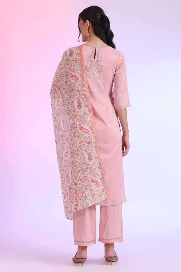 Pink Embroidered Blend Straight Kurta with Palazzos & Stole Set
