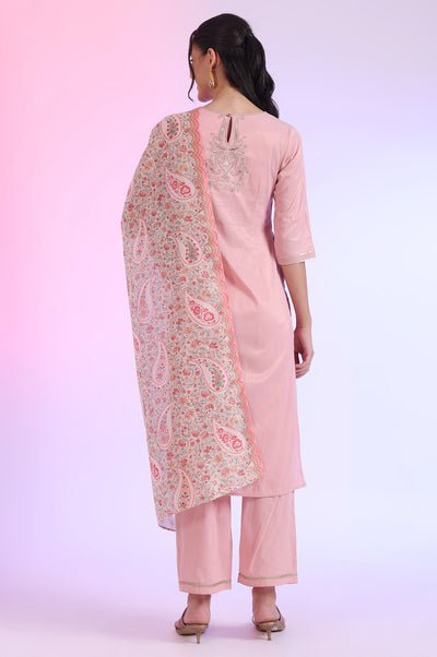 Pink Embroidered Blend Straight Kurta with Palazzos & Stole Set