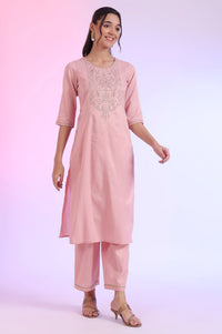 Pink Embroidered Blend Straight Kurta with Palazzos &amp; Stole Set