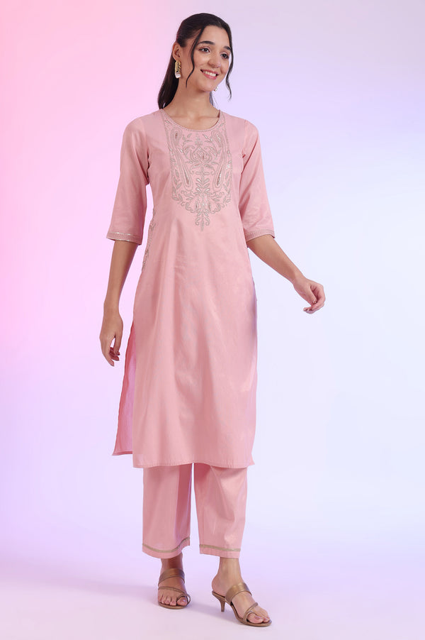 Pink Embroidered Blend Straight Kurta with Palazzos & Stole Set
