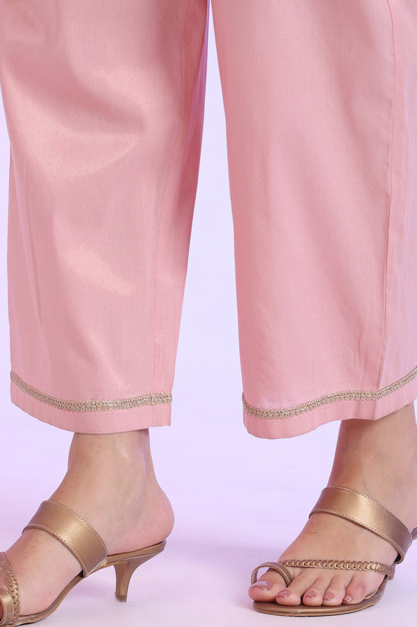 Pink Embroidered Blend Straight Kurta with Palazzos & Stole Set