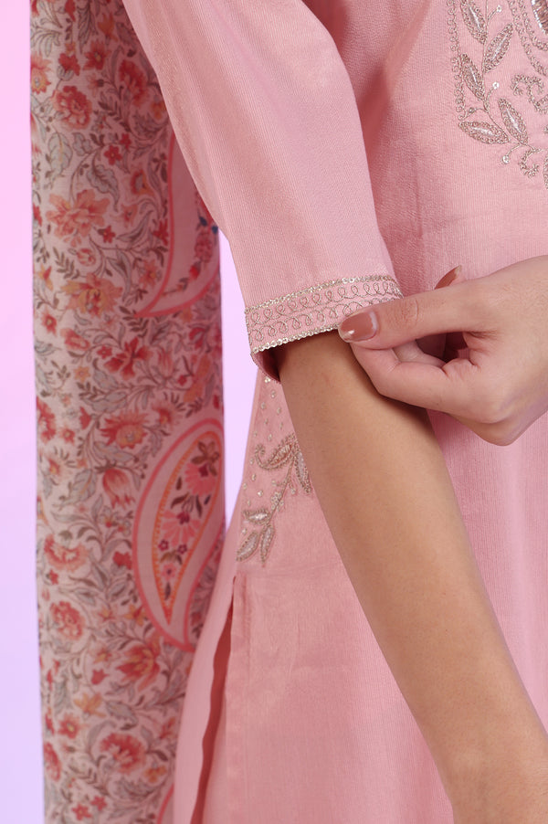 Pink Embroidered Blend Straight Kurta with Palazzos & Stole Set