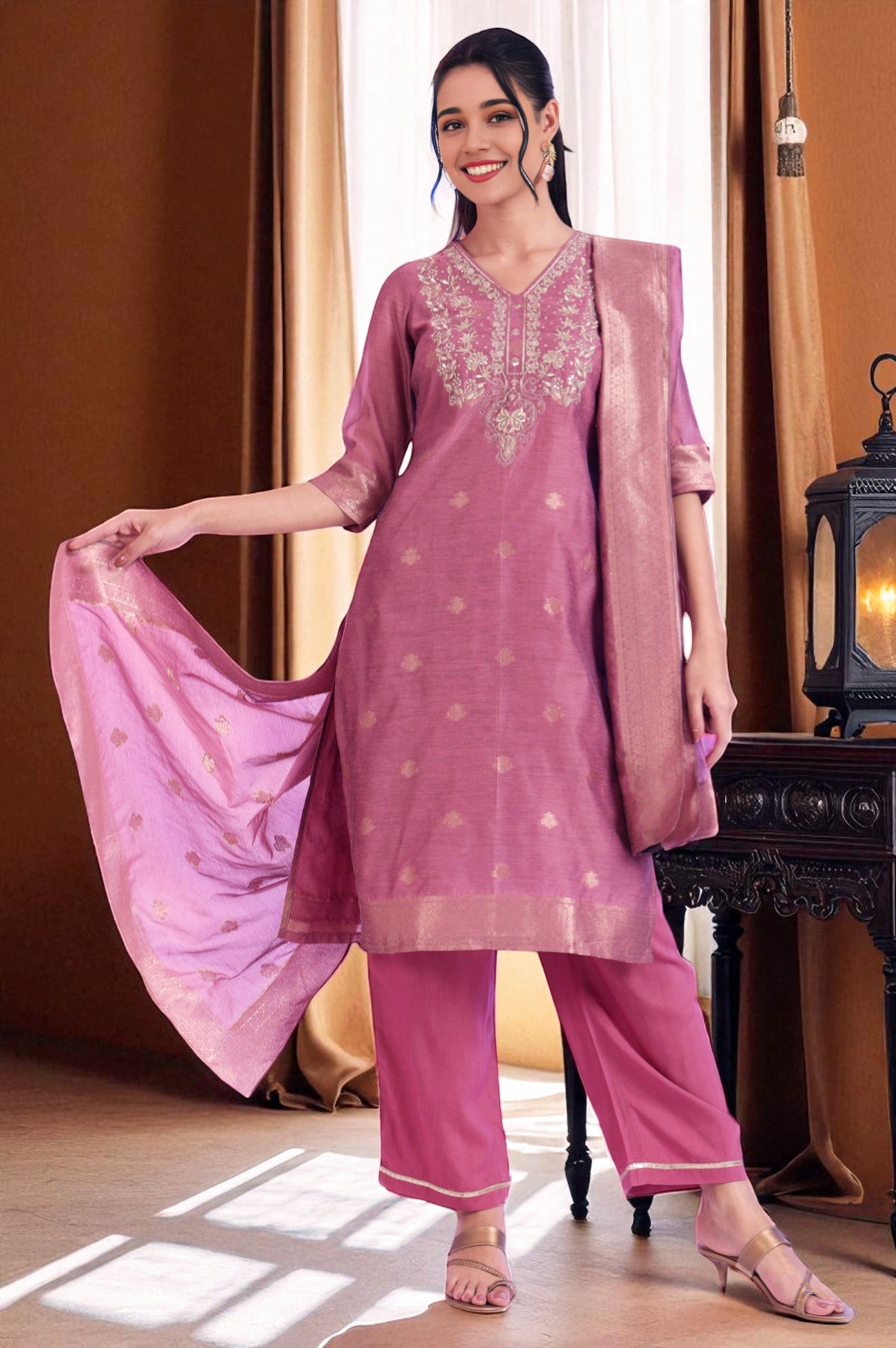 Purple Yarn Dyed Straight Kurta with Palazzos & Dupatta Set - XS