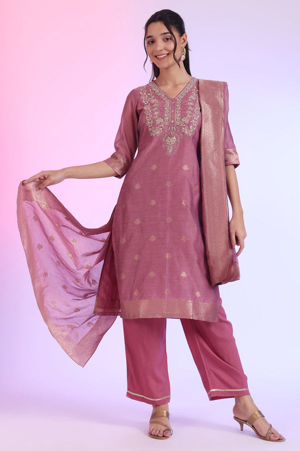 Purple Yarn Dyed Straight Kurta with Palazzos & Dupatta Set