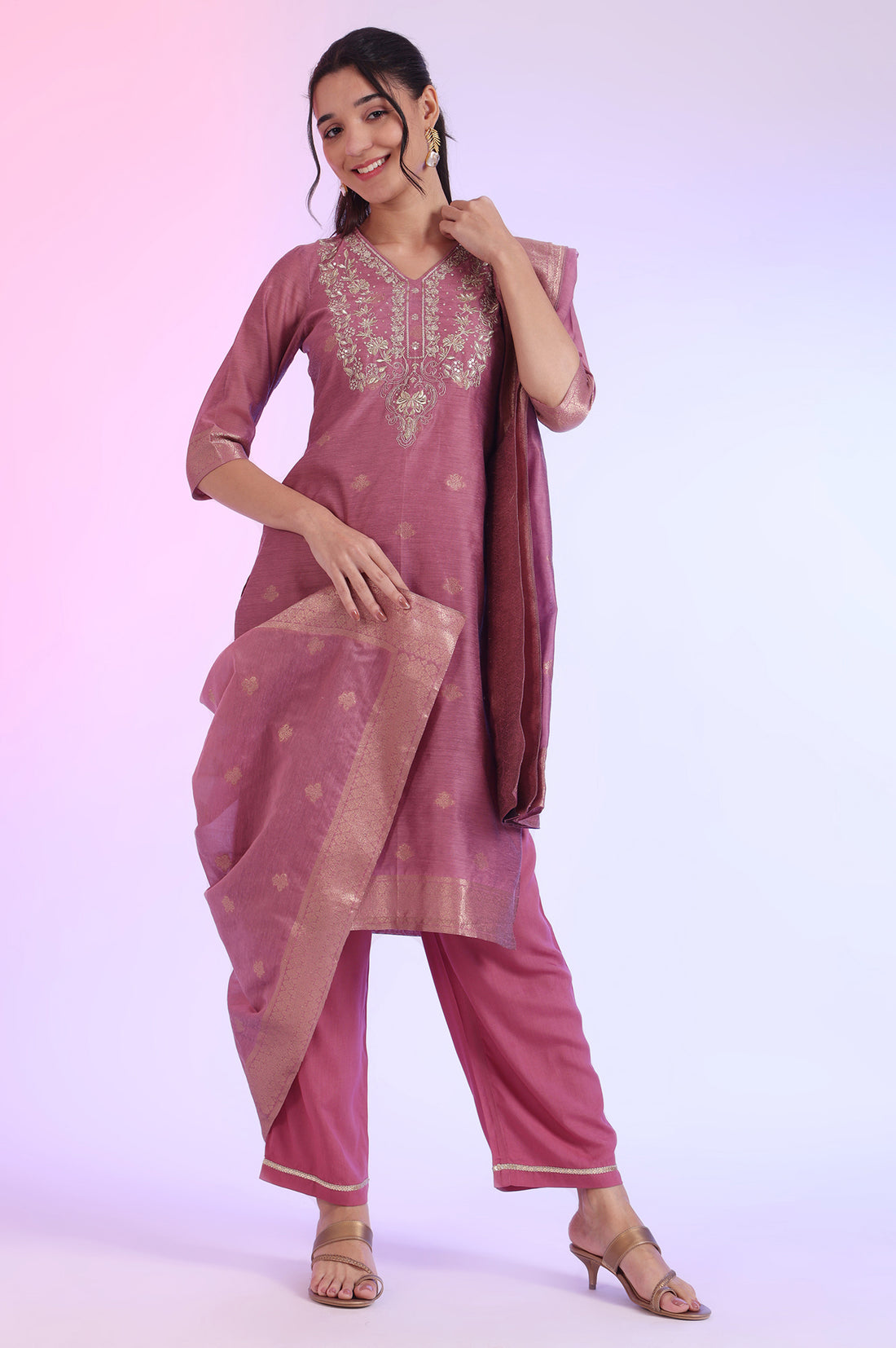 Purple Yarn Dyed Straight Kurta with Palazzos &amp; Dupatta Set