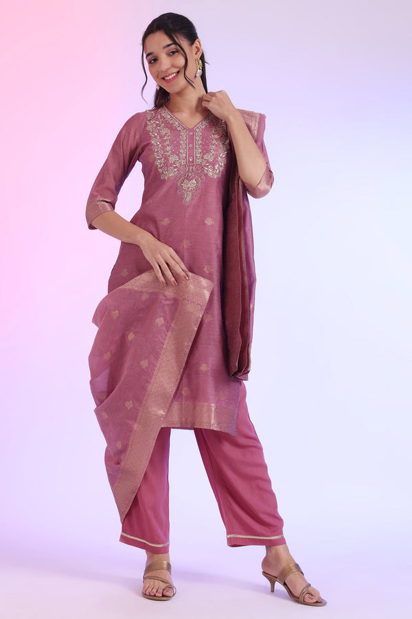 Purple Yarn Dyed Straight Kurta with Palazzos & Dupatta Set