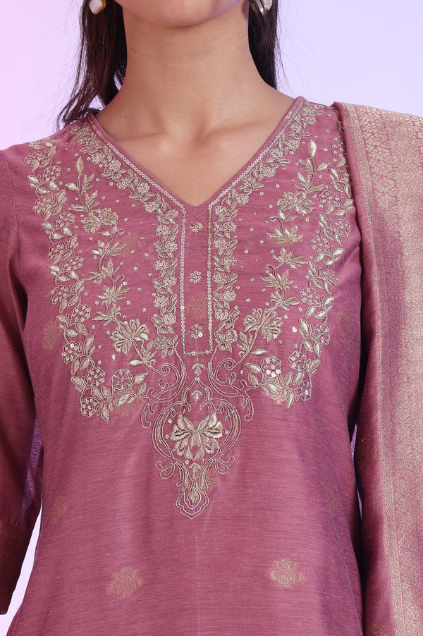 Purple Yarn Dyed Straight Kurta with Palazzos & Dupatta Set