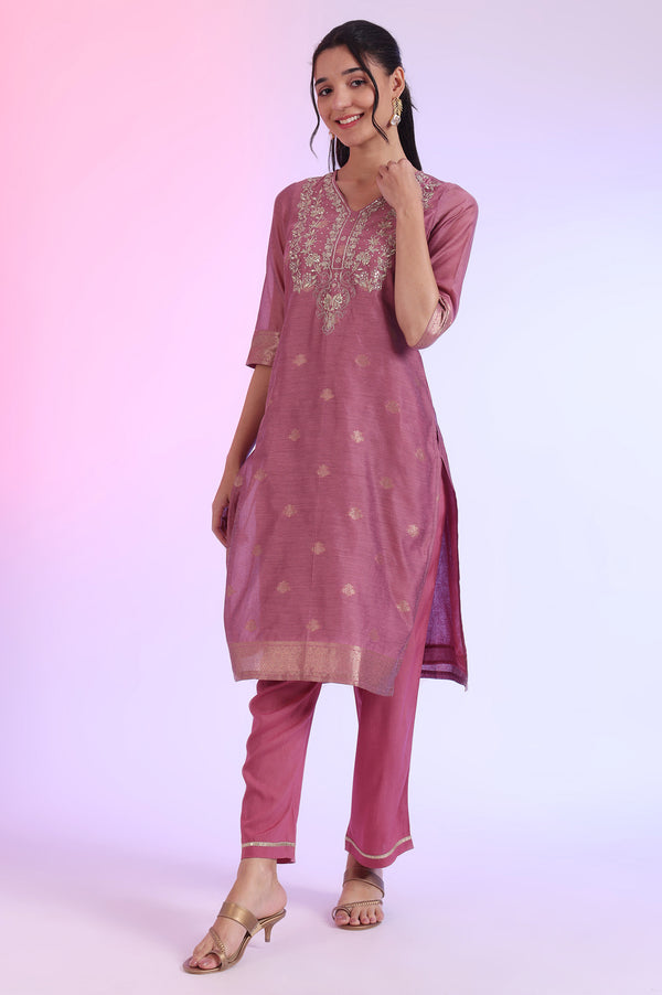 Purple Yarn Dyed Straight Kurta with Palazzos & Dupatta Set