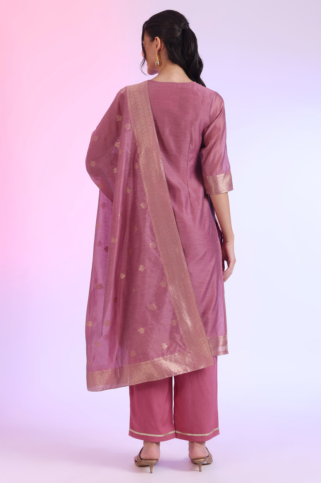 Purple Yarn Dyed Straight Kurta with Palazzos &amp; Dupatta Set