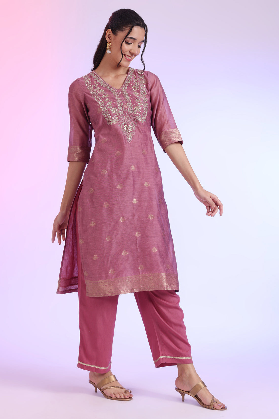 Purple Yarn Dyed Straight Kurta with Palazzos &amp; Dupatta Set