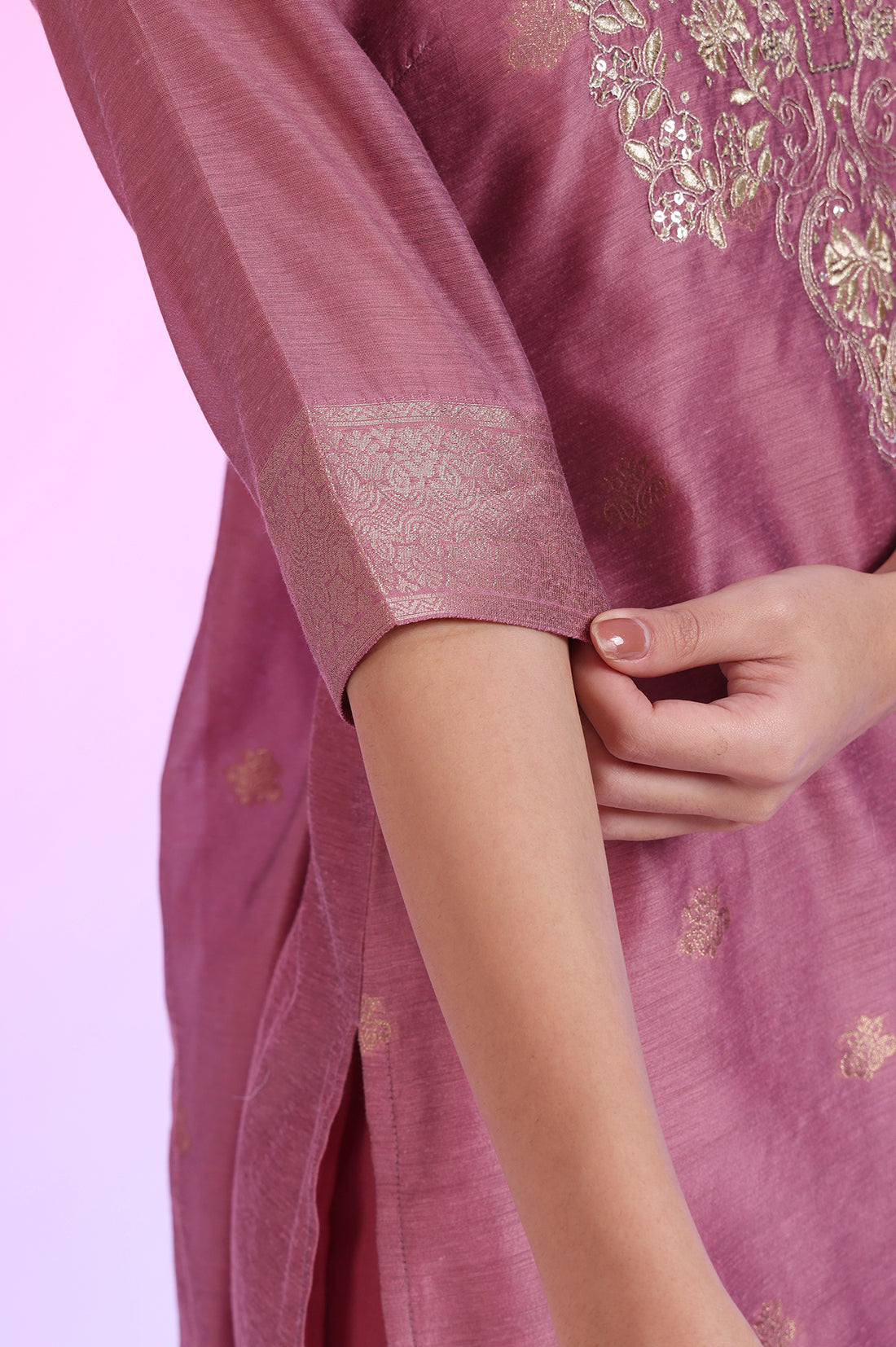 Purple Yarn Dyed Straight Kurta with Palazzos &amp; Dupatta Set