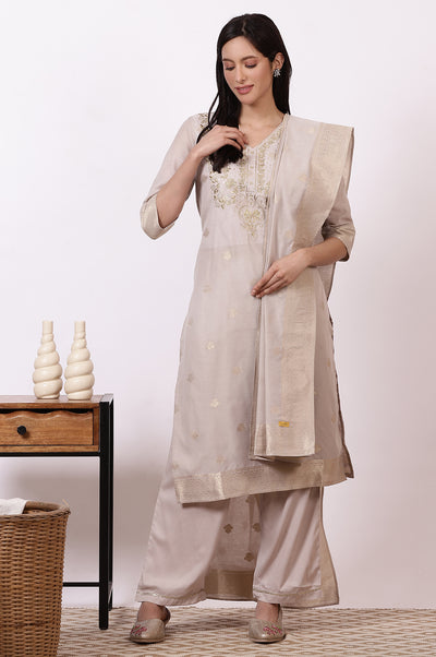 Off-White Zari Embroidered Yarn Dyed Straight Kurta, Palazzo and Dupatta Set