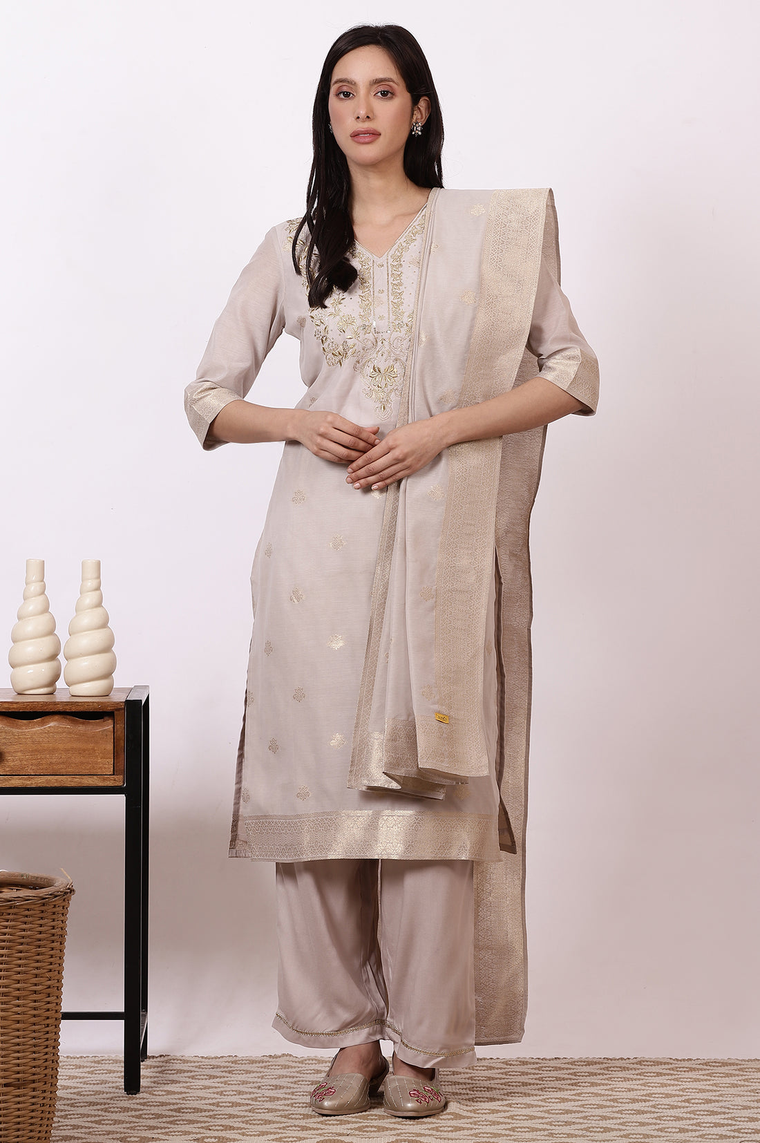 Off-White Zari Embroidered Yarn Dyed Straight Kurta, Palazzo and Dupatta Set