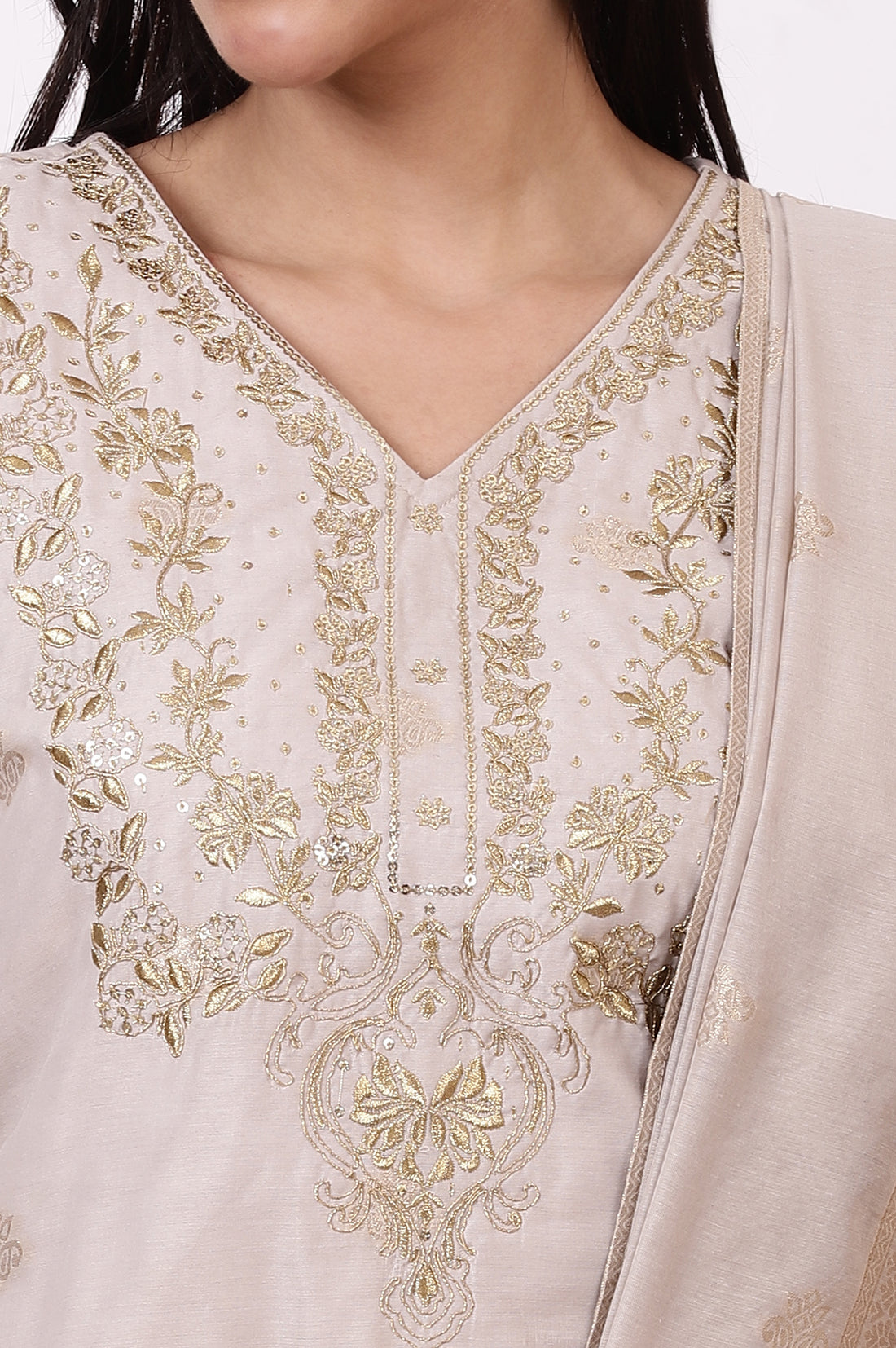 Off-White Zari Embroidered Yarn Dyed Straight Kurta, Palazzo and Dupatta Set