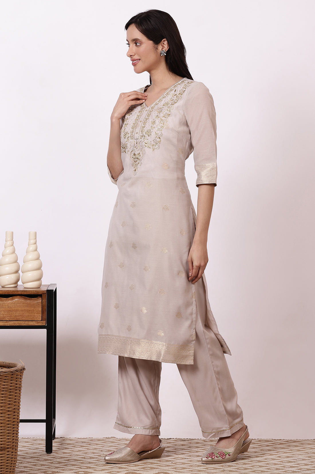 Off-White Zari Embroidered Yarn Dyed Straight Kurta, Palazzo and Dupatta Set