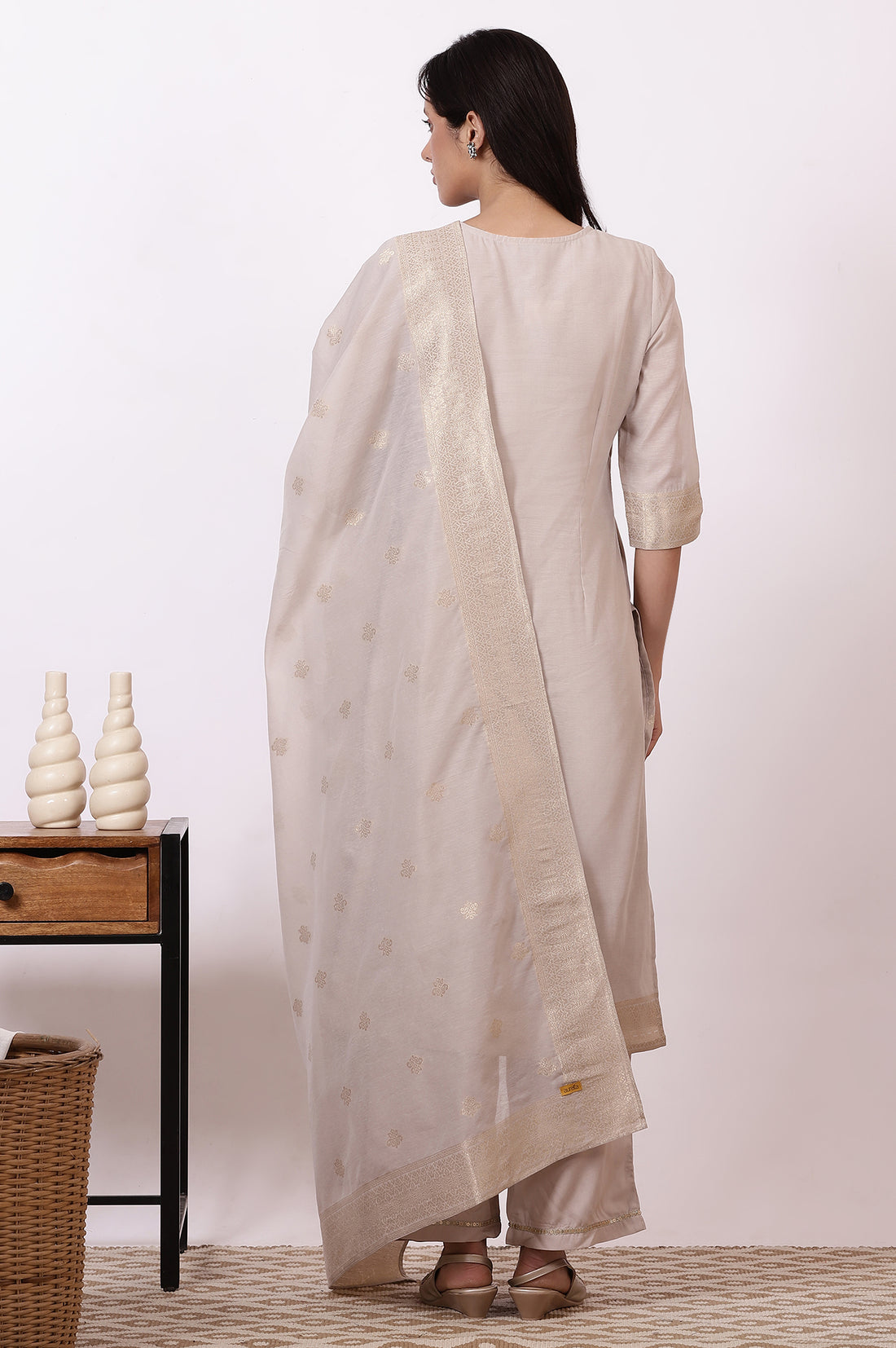 Off-White Zari Embroidered Yarn Dyed Straight Kurta, Palazzo and Dupatta Set