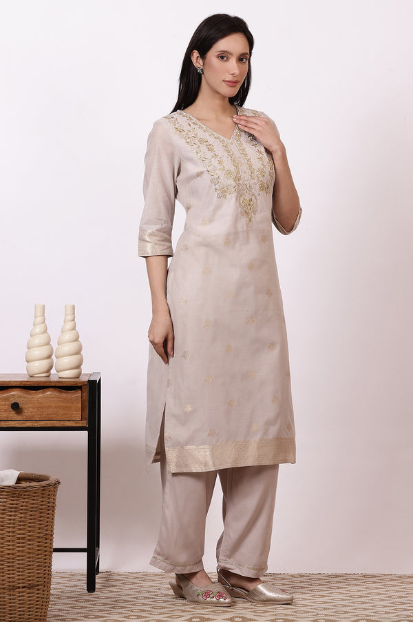Off-White Zari Embroidered Yarn Dyed Straight Kurta, Palazzo and Dupatta Set
