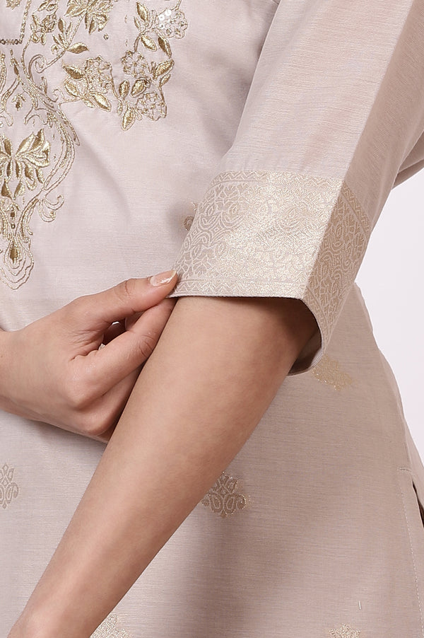 Off-White Zari Embroidered Yarn Dyed Straight Kurta, Palazzo and Dupatta Set