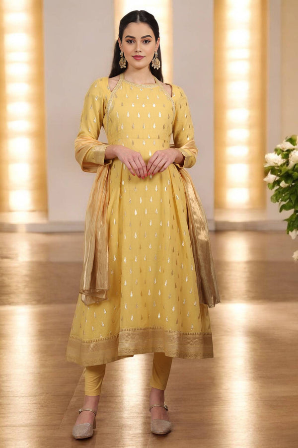 Yellow Zari Embroidered Chanderi Jacquard Anarkali Kurta and Leggings Set with Dupatta