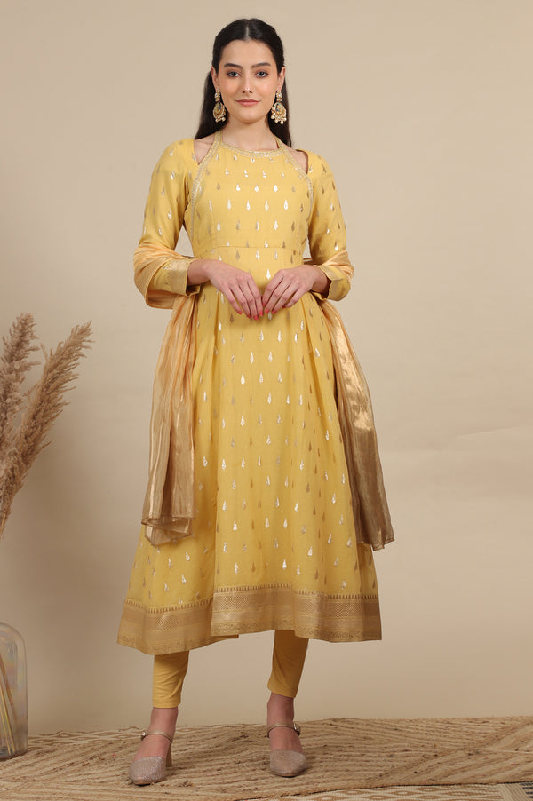 Yellow Zari Embroidered Chanderi Jacquard Anarkali Kurta and Leggings Set with Dupatta