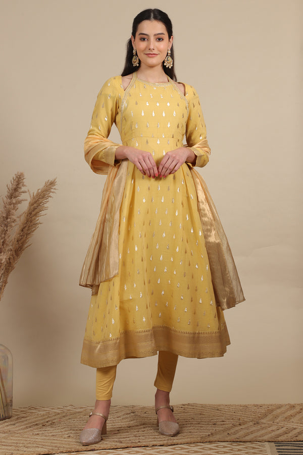 Yellow Zari Embroidered Chanderi Jacquard Anarkali Kurta and Leggings Set with Dupatta