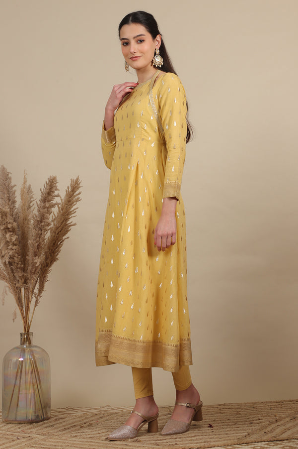 Yellow Zari Embroidered Chanderi Jacquard Anarkali Kurta and Leggings Set with Dupatta