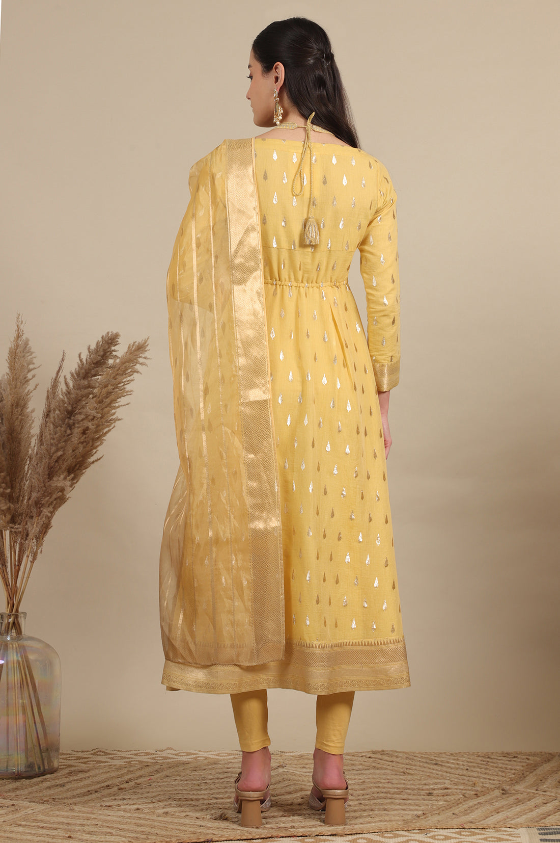 Yellow Zari Embroidered Chanderi Jacquard Anarkali Kurta and Leggings Set with Dupatta