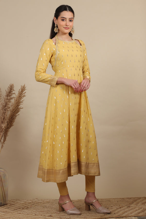 Yellow Zari Embroidered Chanderi Jacquard Anarkali Kurta and Leggings Set with Dupatta