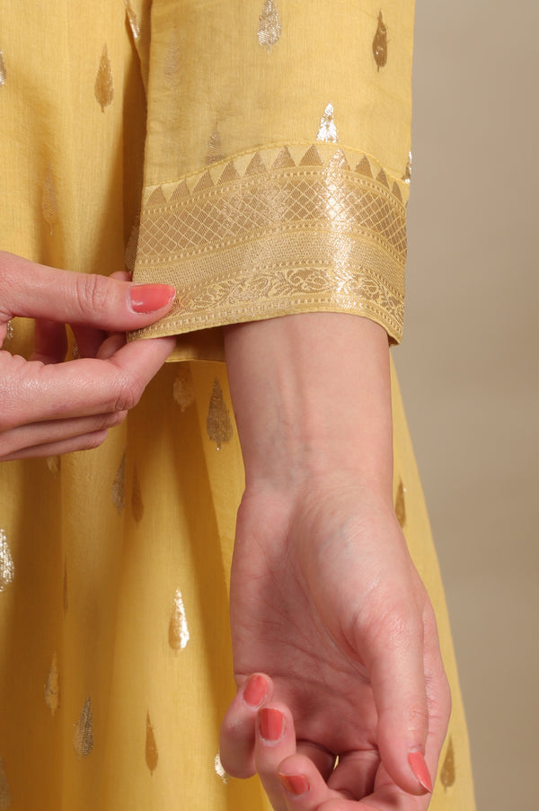 Yellow Zari Embroidered Chanderi Jacquard Anarkali Kurta and Leggings Set with Dupatta