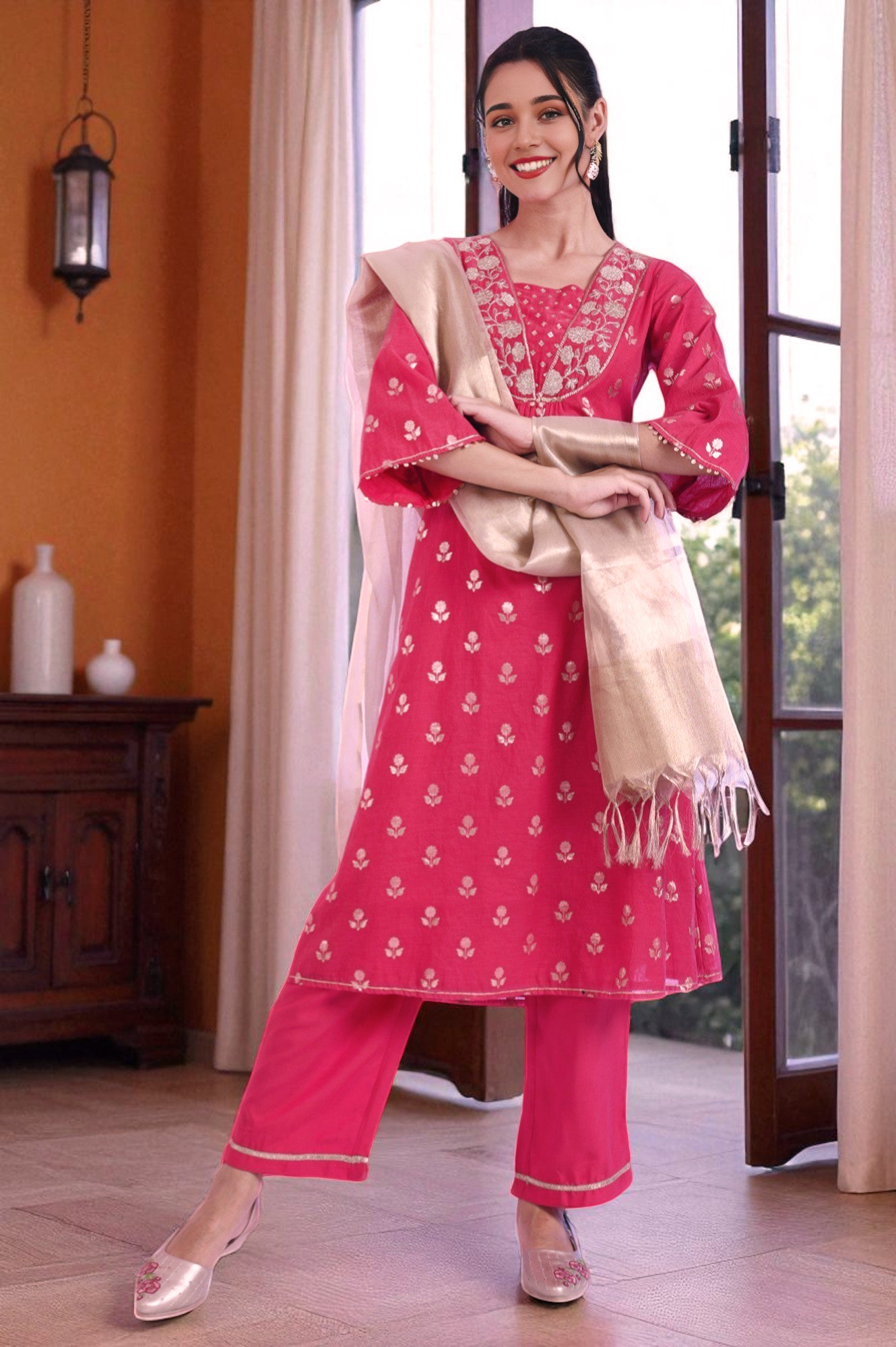 Pink Yarn Dyed Blend A-Line Kurta with Palazzos &amp; Dupatta Set