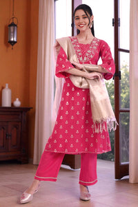 Pink Yarn Dyed Blend A-Line Kurta with Palazzos &amp; Dupatta Set