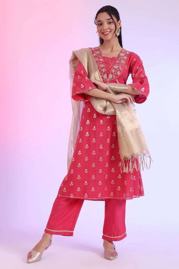 Pink Yarn Dyed Blend A-Line Kurta with Palazzos & Dupatta Set